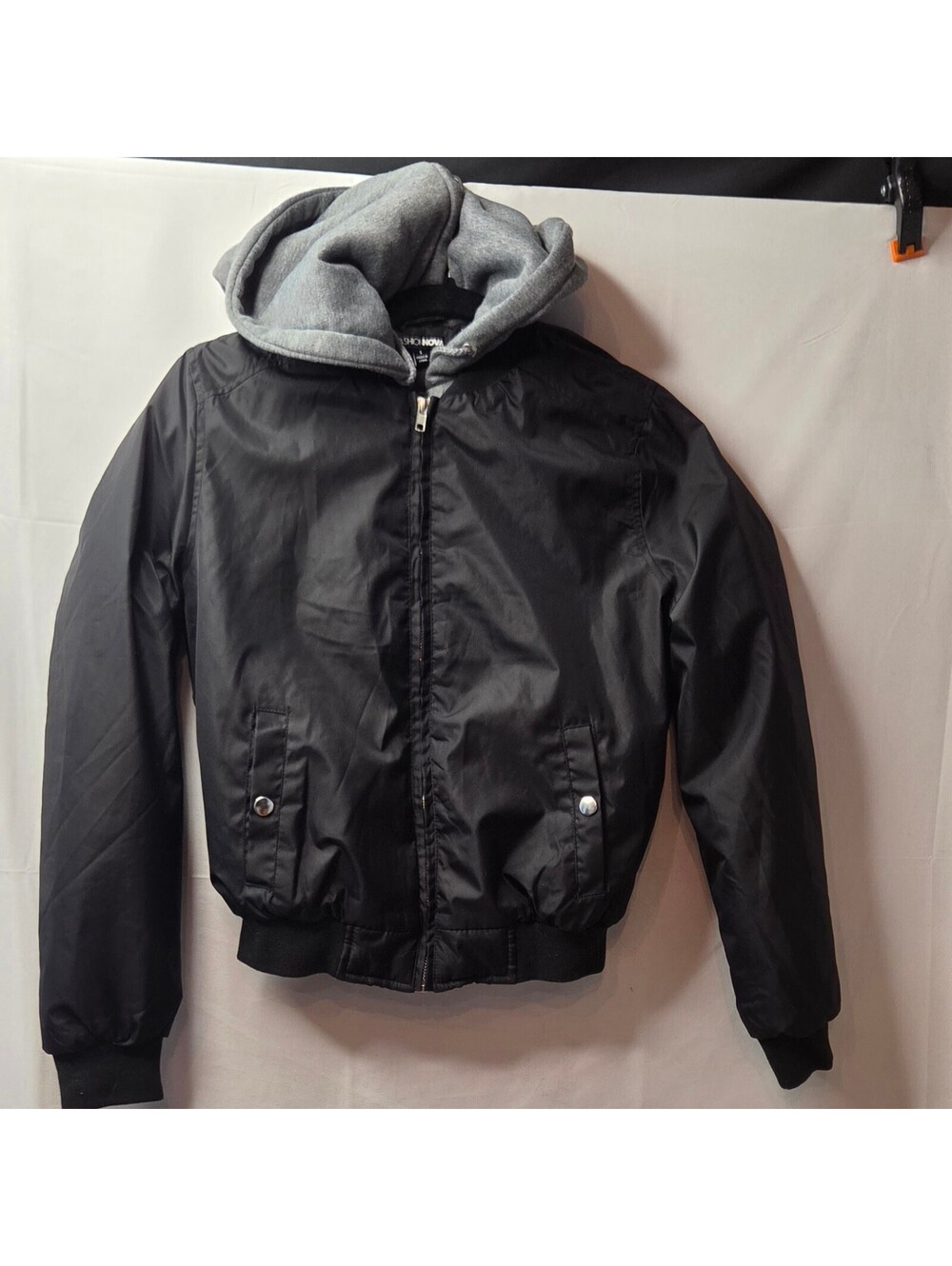 Fashion Nova Hooded Bomber Jacket Black Gray Canvas Small EUC